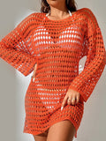 Openwork Boat Neck Long Sleeve Swim Cover-Up Orange / One Size