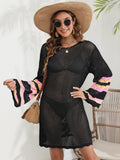 Openwork Contrast Long Sleeve Cover-Up Black / One Size
