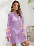 Openwork Contrast Long Sleeve Cover-Up Red-Violet / One Size
