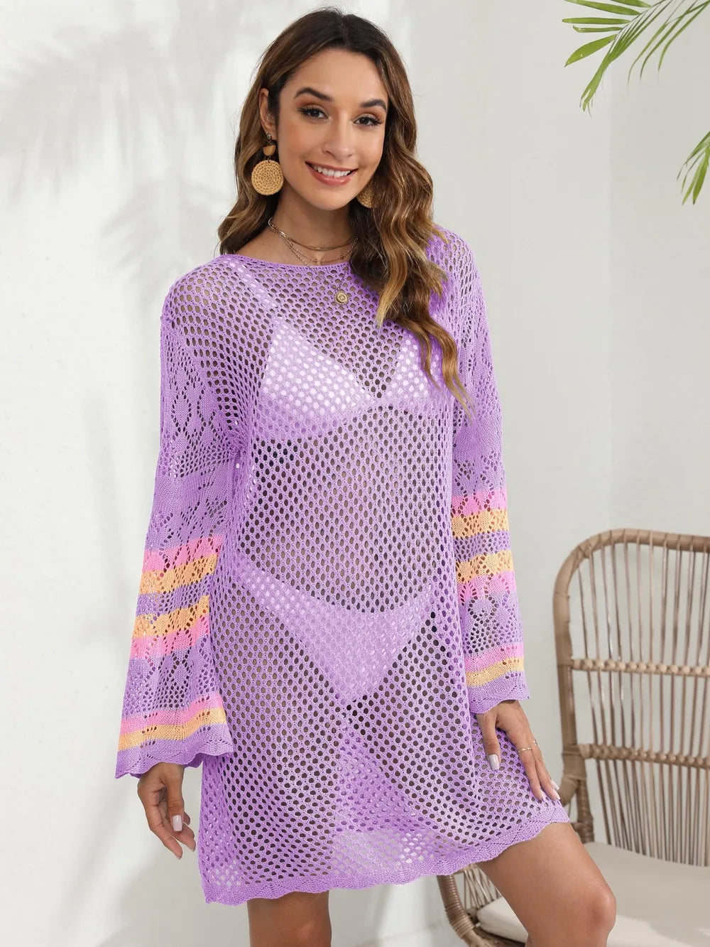 Openwork Contrast Long Sleeve Cover-Up Red-Violet / One Size