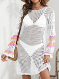 Openwork Contrast Long Sleeve Cover-Up White / One Size