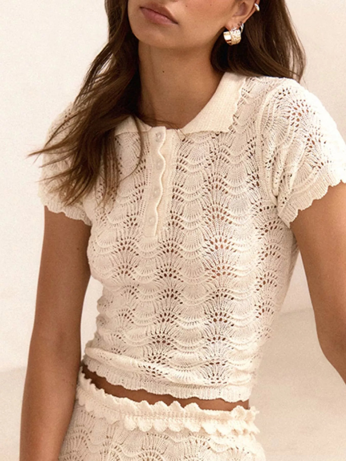 Openwork Crochet Knit Polo Top and Shorts Set White / S