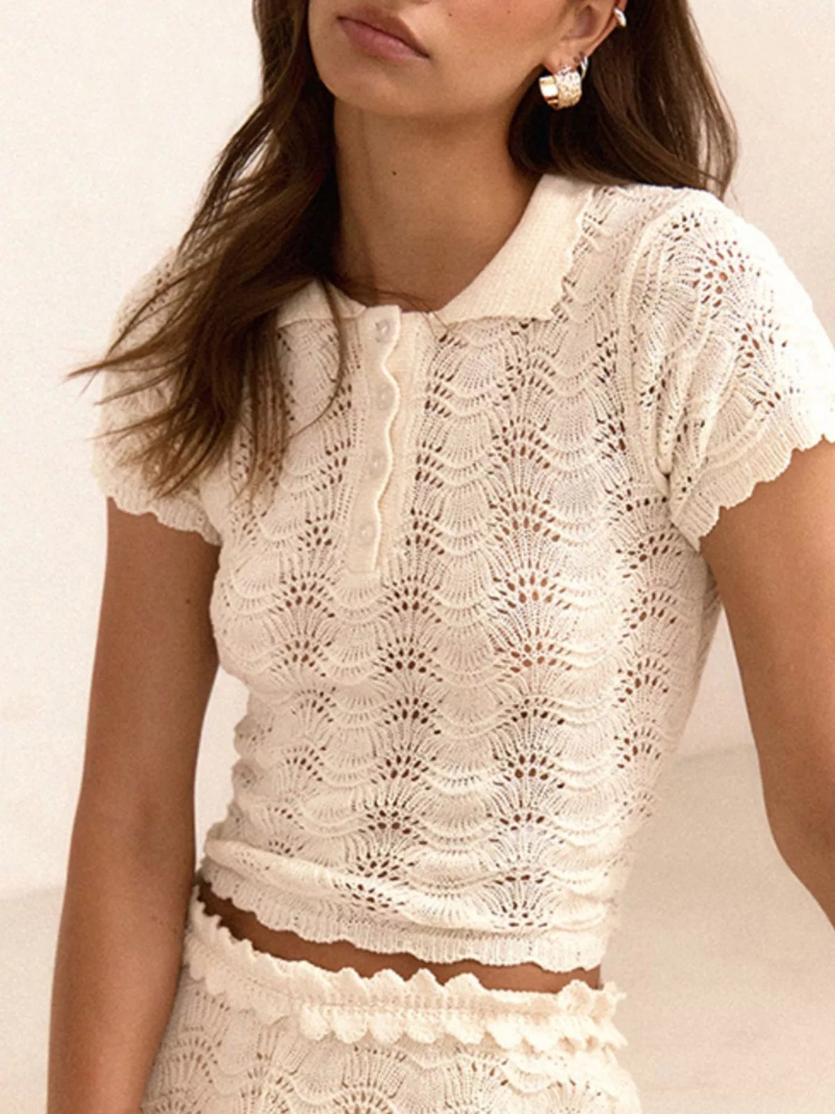Openwork Crochet Knit Polo Top and Shorts Set