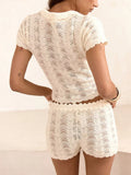 Openwork Crochet Knit Polo Top and Shorts Set