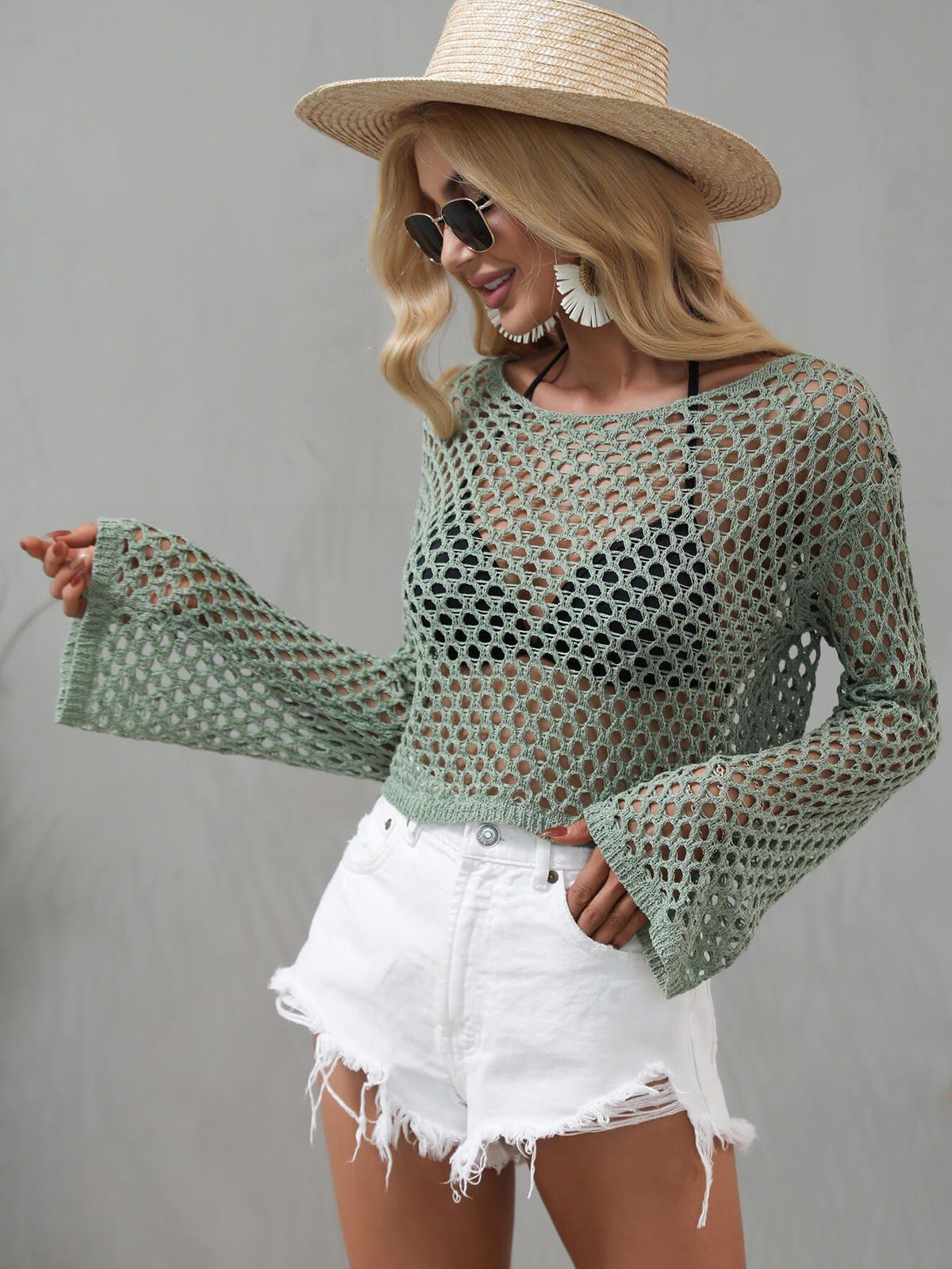 Openwork Flare Sleeve Cropped Beach Cover Up Top