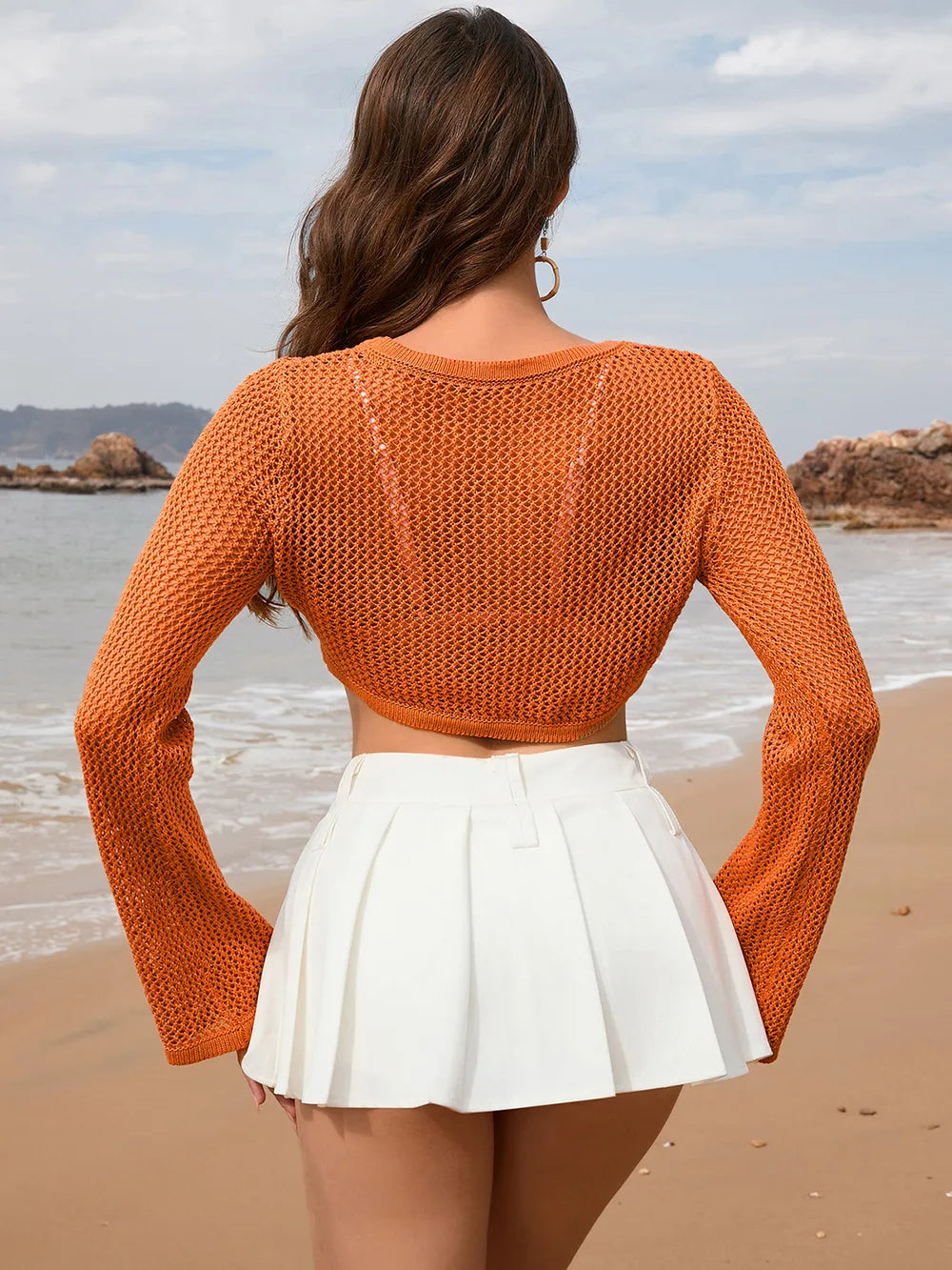 Openwork Long Sleeve Swim Cover-Up