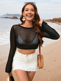 Openwork Long Sleeve Swim Cover-Up Black / S