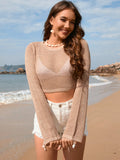 Openwork Long Sleeve Swim Cover-Up Camel / S