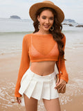 Openwork Long Sleeve Swim Cover-Up Caramel / S