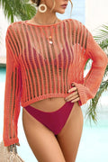Long Sleeve Round Neck Openwork Swim Cover-Up