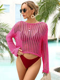 Long Sleeve Round Neck Openwork Swim Cover-Up Hot Pink / S