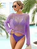Long Sleeve Round Neck Openwork Swim Cover-Up Lavender / S