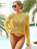 Long Sleeve Round Neck Openwork Swim Cover-Up Mustard / S