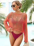 Long Sleeve Round Neck Openwork Swim Cover-Up Red Orange / S