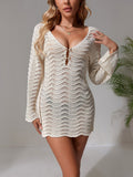 Openwork Long Sleeve Cover-Up Dress White / S