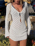 Openwork Long Sleeve Knit Dress White / S