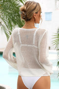 Openwork Scoop Neck Long Sleeve Swim Cover-Up