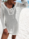 Openwork Tie-Neck Long Sleeve Cover-Up