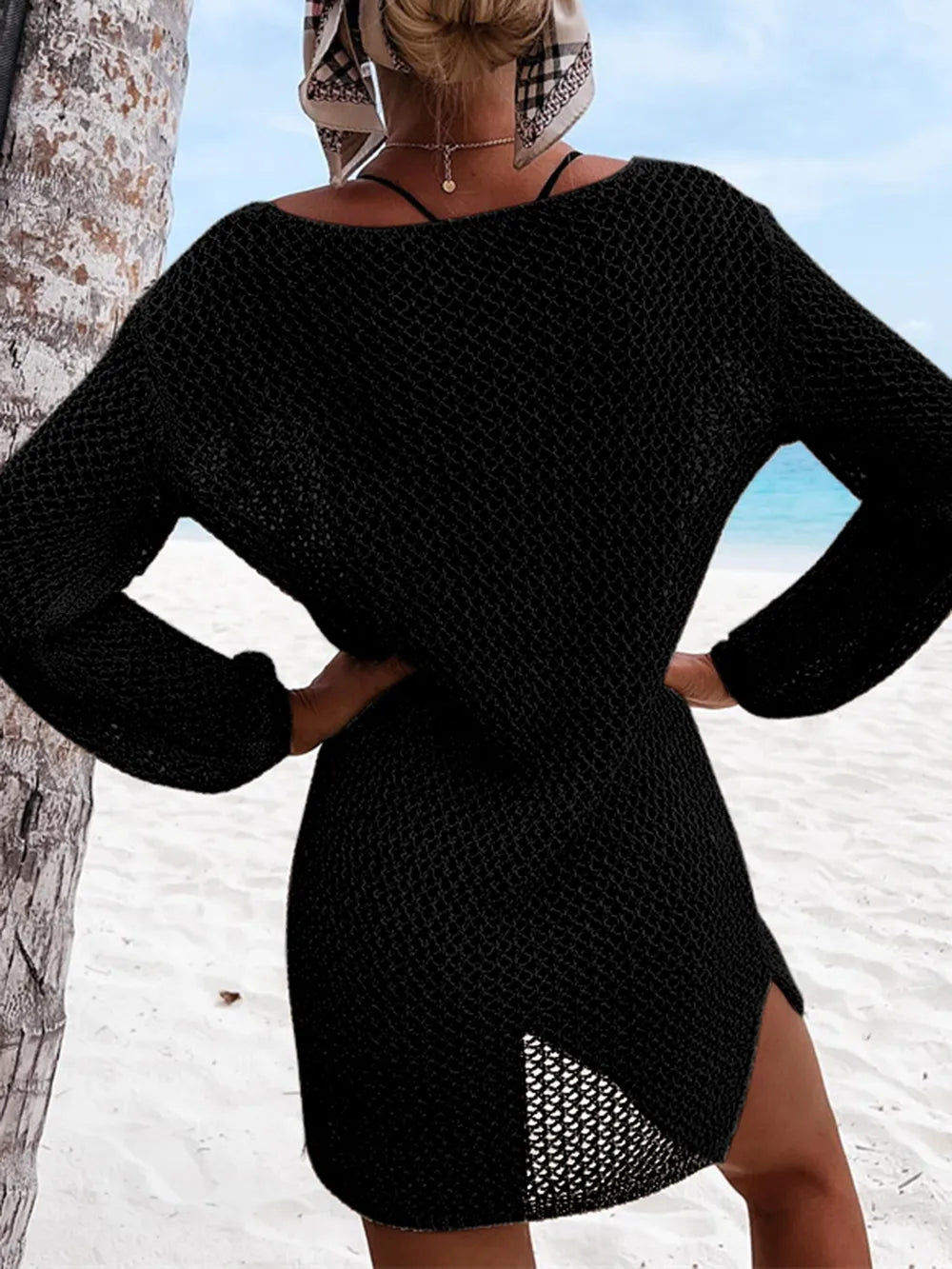 Openwork Tie-Neck Long Sleeve Cover-Up