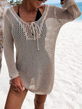Openwork Tie-Neck Long Sleeve Cover-Up