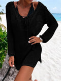 Openwork Tie-Neck Long Sleeve Cover-Up Black / S