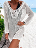 Openwork Tie-Neck Long Sleeve Cover-Up White / S