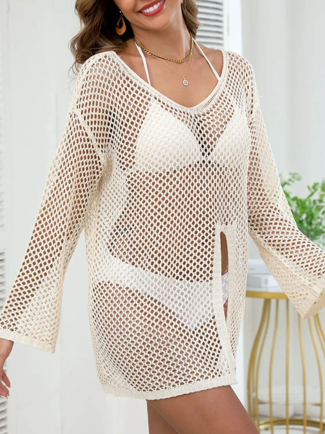 Openwork V-Neck Slit Cover-Up