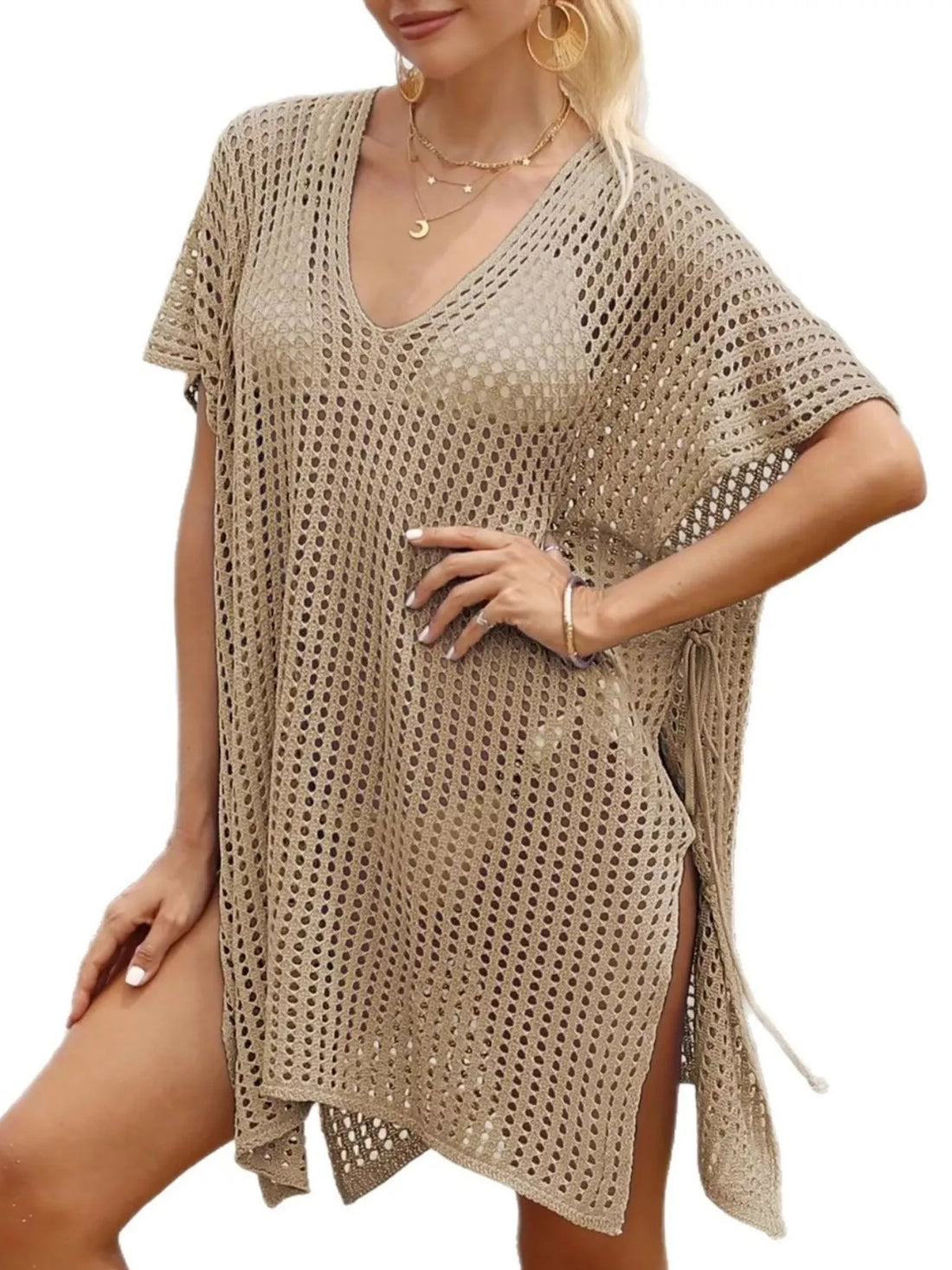 Openwork V-Neck Slit Cover-Up Khaki / One Size