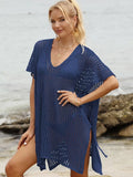 Openwork V-Neck Slit Cover-Up Dark Blue / One Size