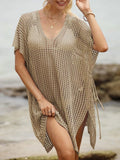 Openwork V-Neck Slit Cover-Up Khaki / One Size