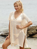 Openwork V-Neck Slit Cover-Up Tan / One Size