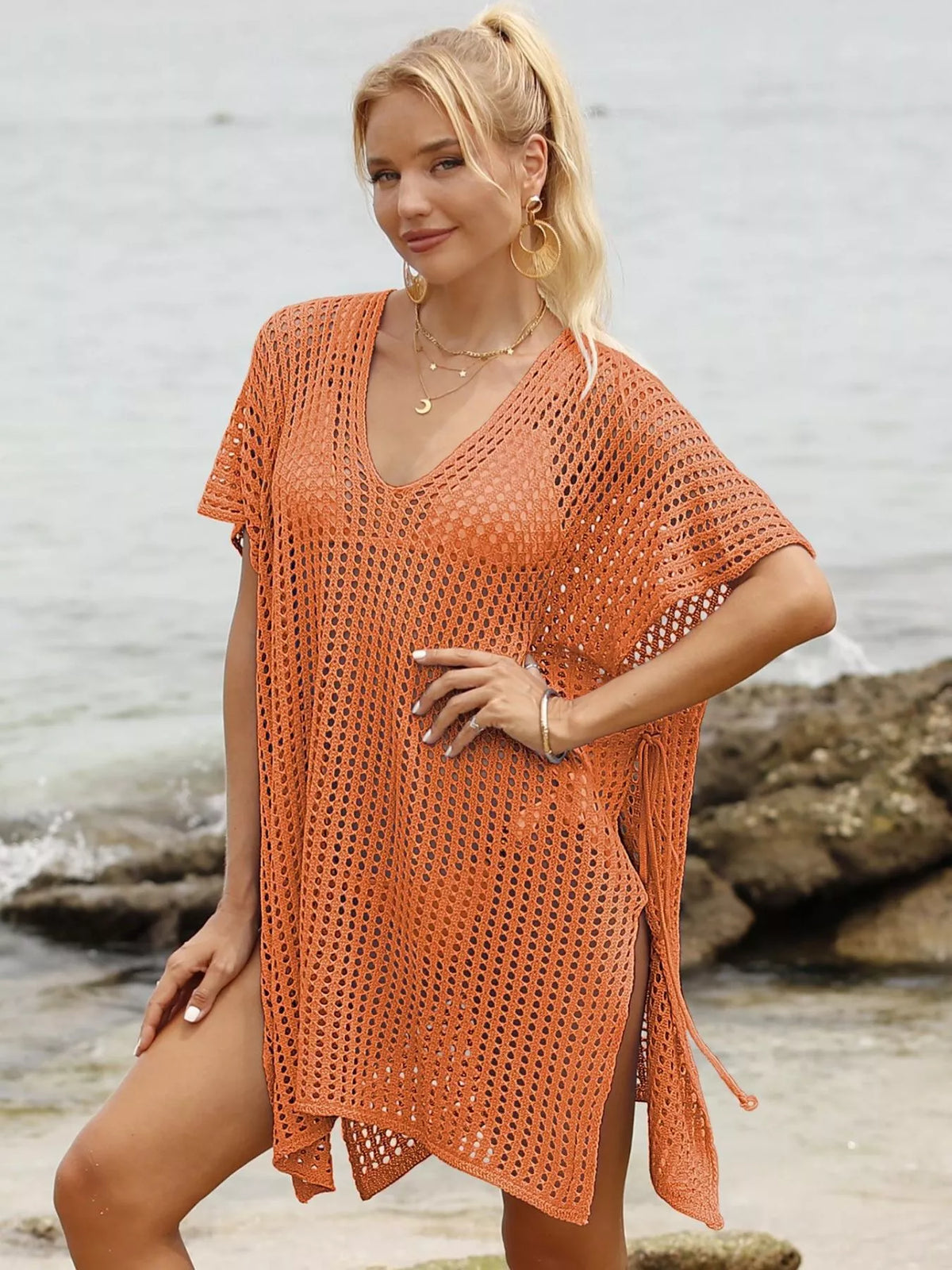 Openwork V-Neck Slit Cover-Up Tangerine / One Size