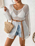 Openwork V-Neck Slit Cover-Up White / One Size