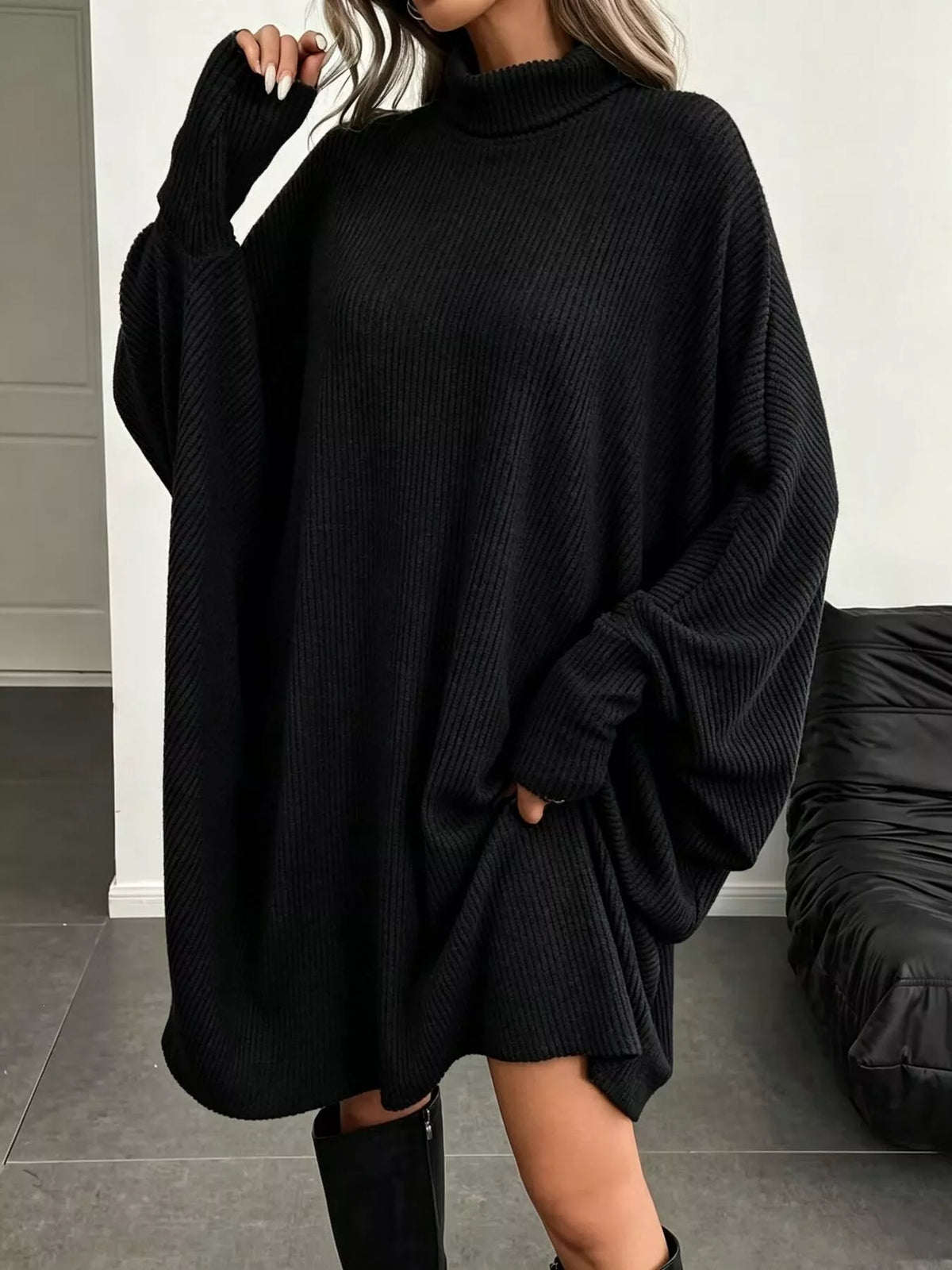 Oversized Batwing Sleeve Ribbed Turtleneck Dress