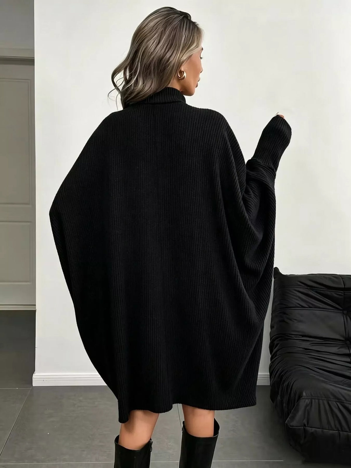 Oversized Batwing Sleeve Ribbed Turtleneck Dress