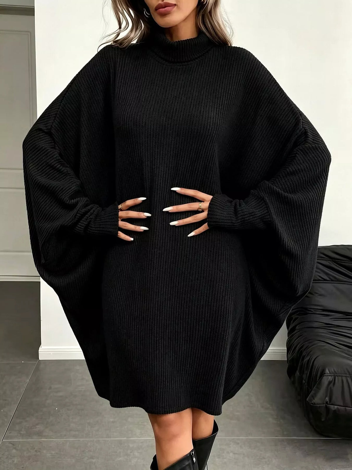 Oversized Batwing Sleeve Ribbed Turtleneck Dress