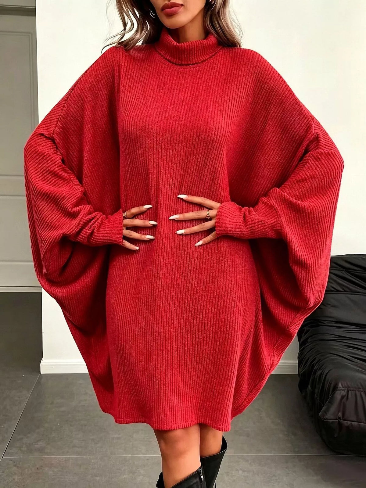 Oversized Batwing Sleeve Ribbed Turtleneck Dress