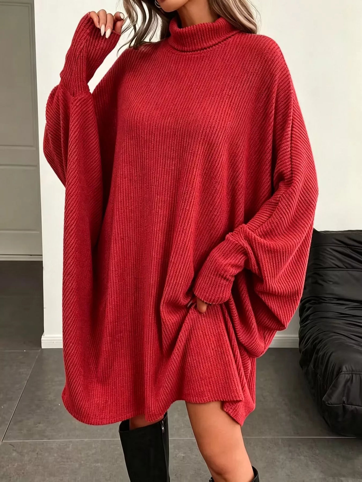 Oversized Batwing Sleeve Ribbed Turtleneck Dress