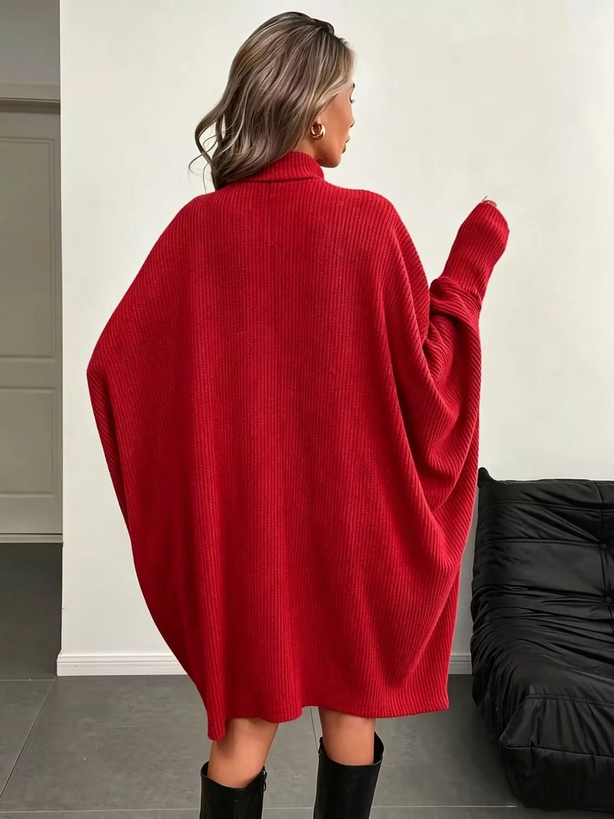 Oversized Batwing Sleeve Ribbed Turtleneck Dress