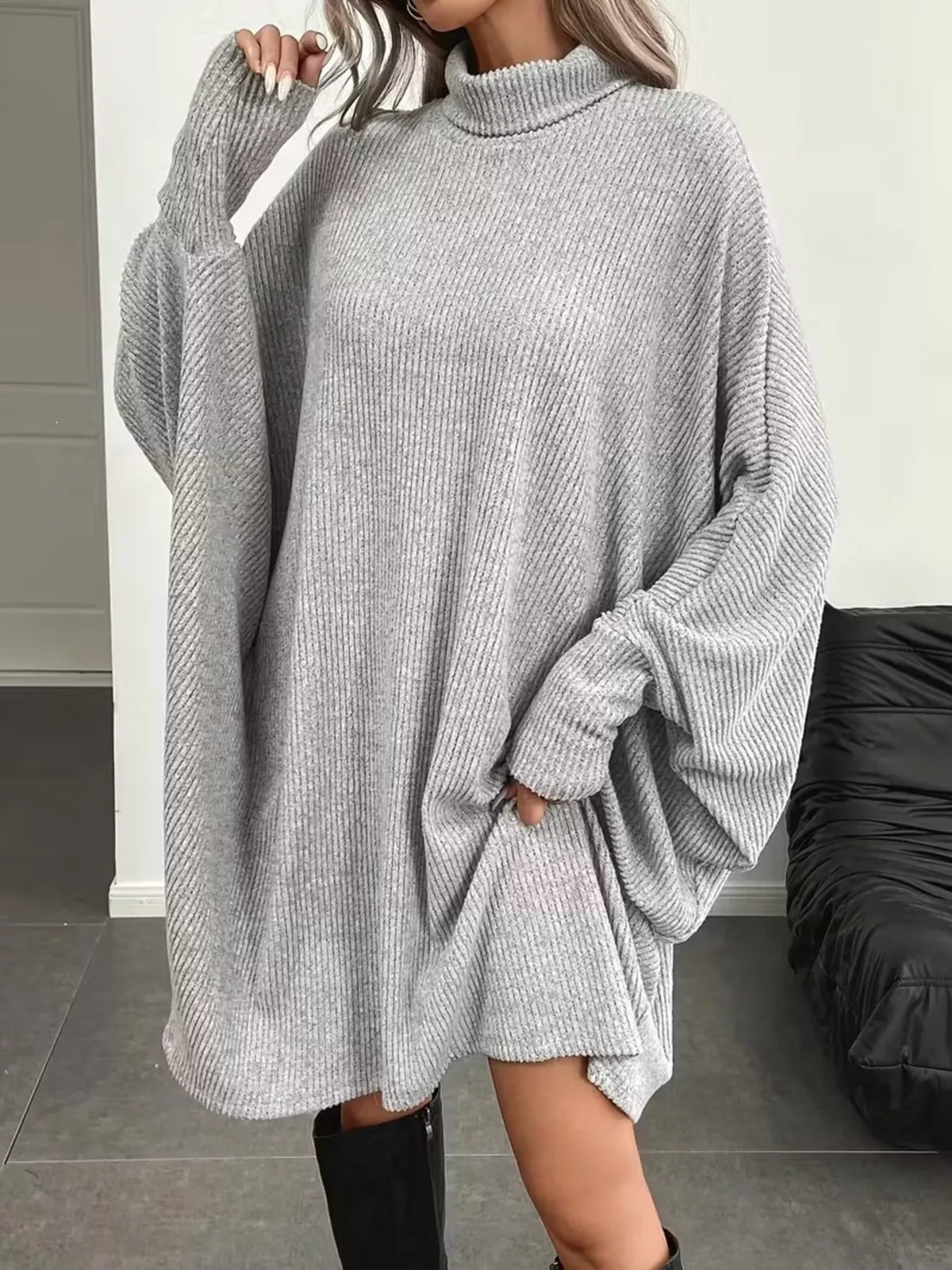 Oversized Batwing Sleeve Ribbed Turtleneck Dress