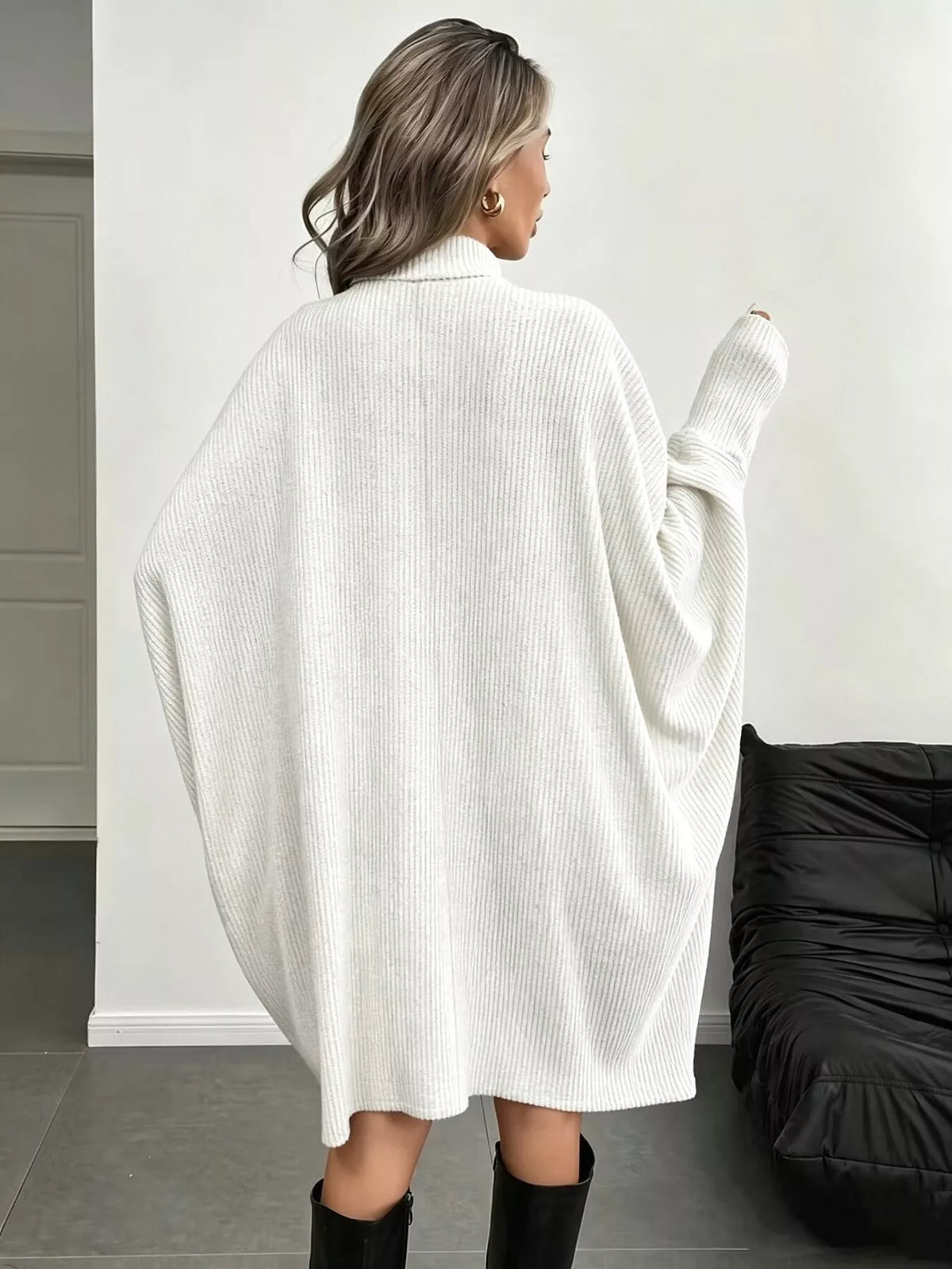 Oversized Batwing Sleeve Ribbed Turtleneck Dress