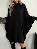 Oversized Batwing Sleeve Ribbed Turtleneck Dress Black / S