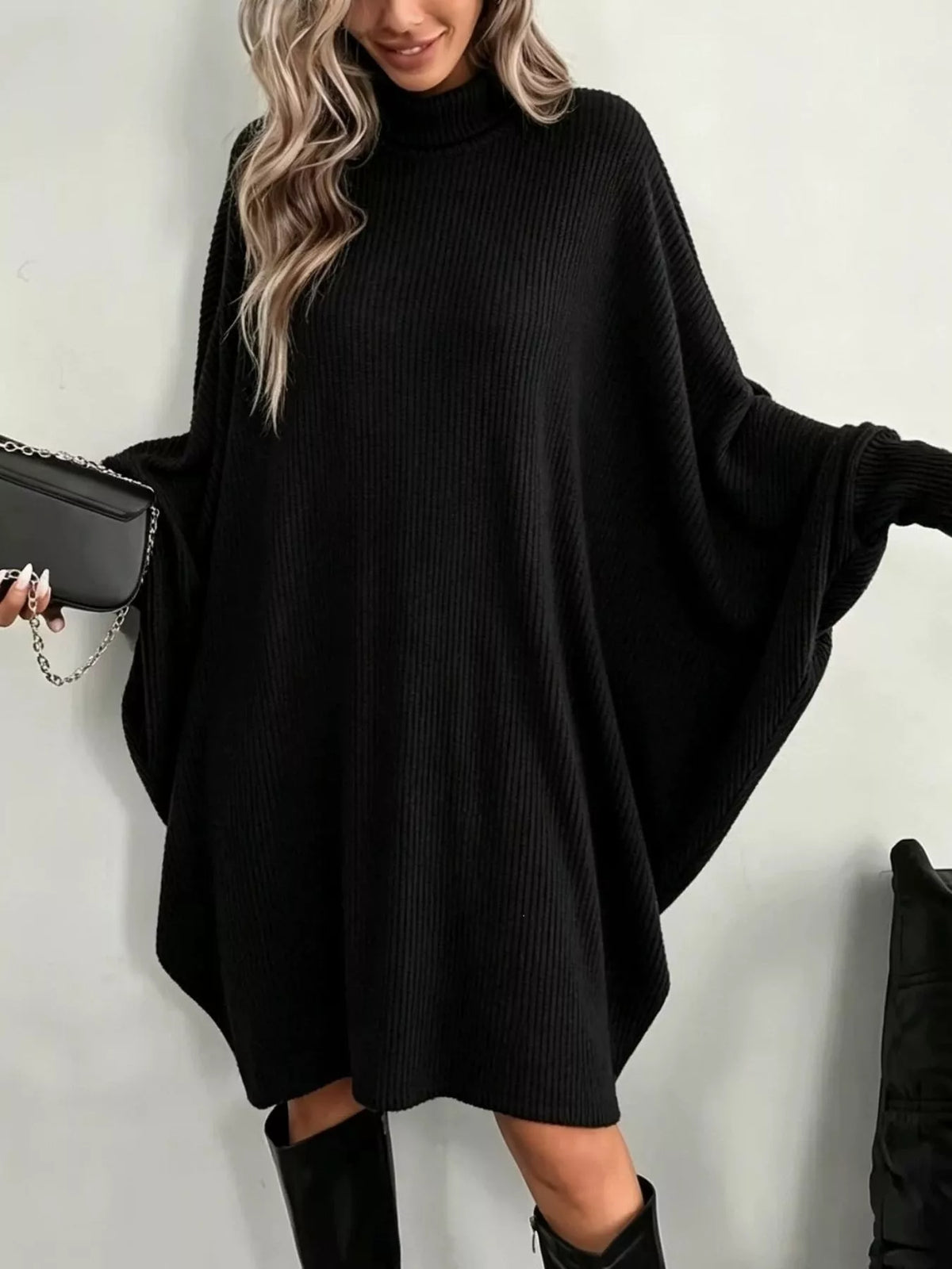 Oversized Batwing Sleeve Ribbed Turtleneck Dress Black / S
