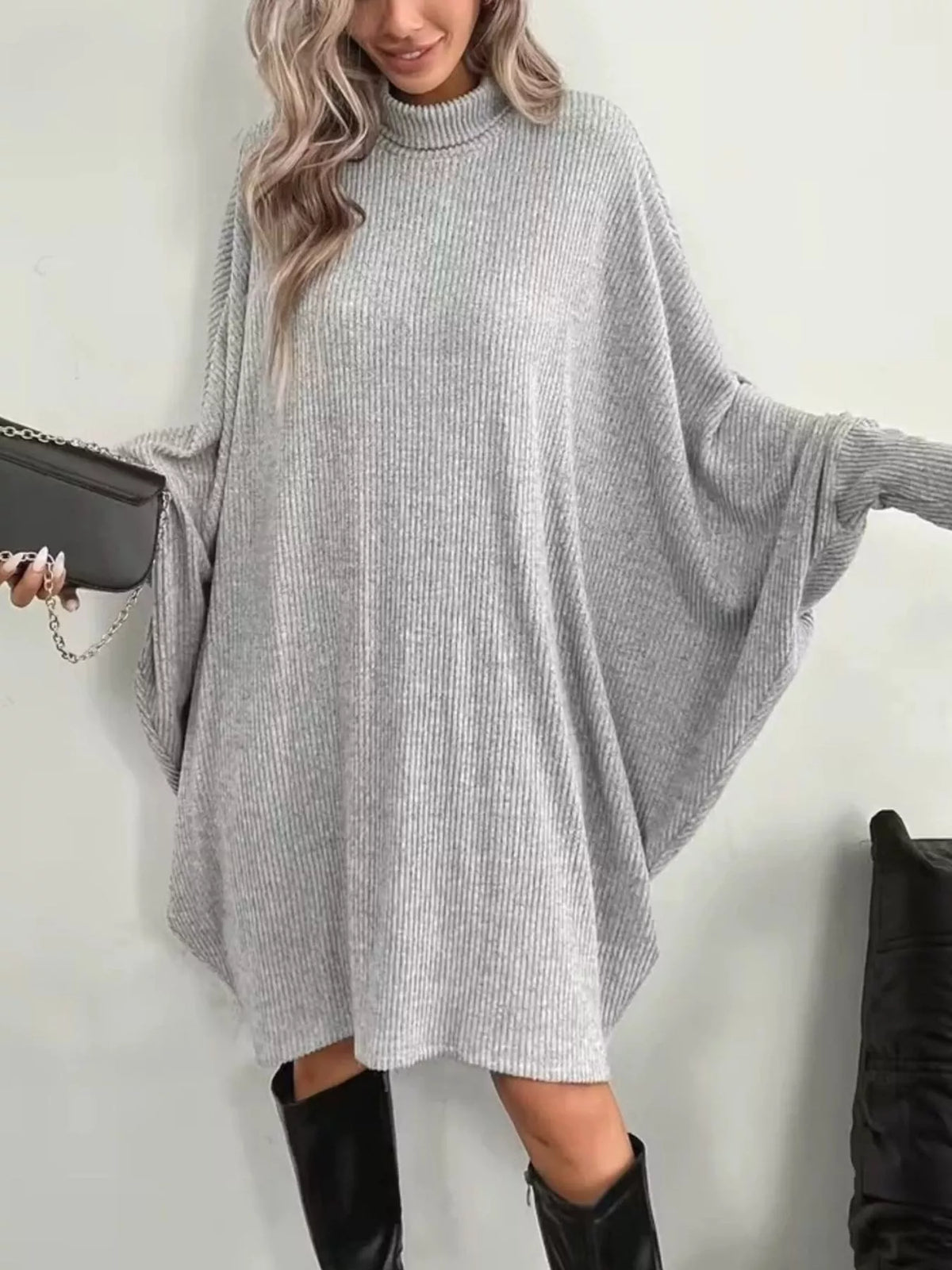 Oversized Batwing Sleeve Ribbed Turtleneck Dress Gray / S