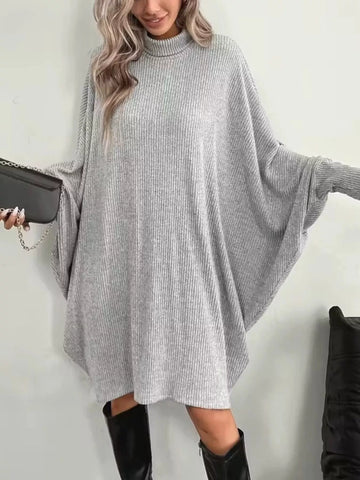 Oversized Batwing Sleeve Ribbed Turtleneck Dress Gray / S