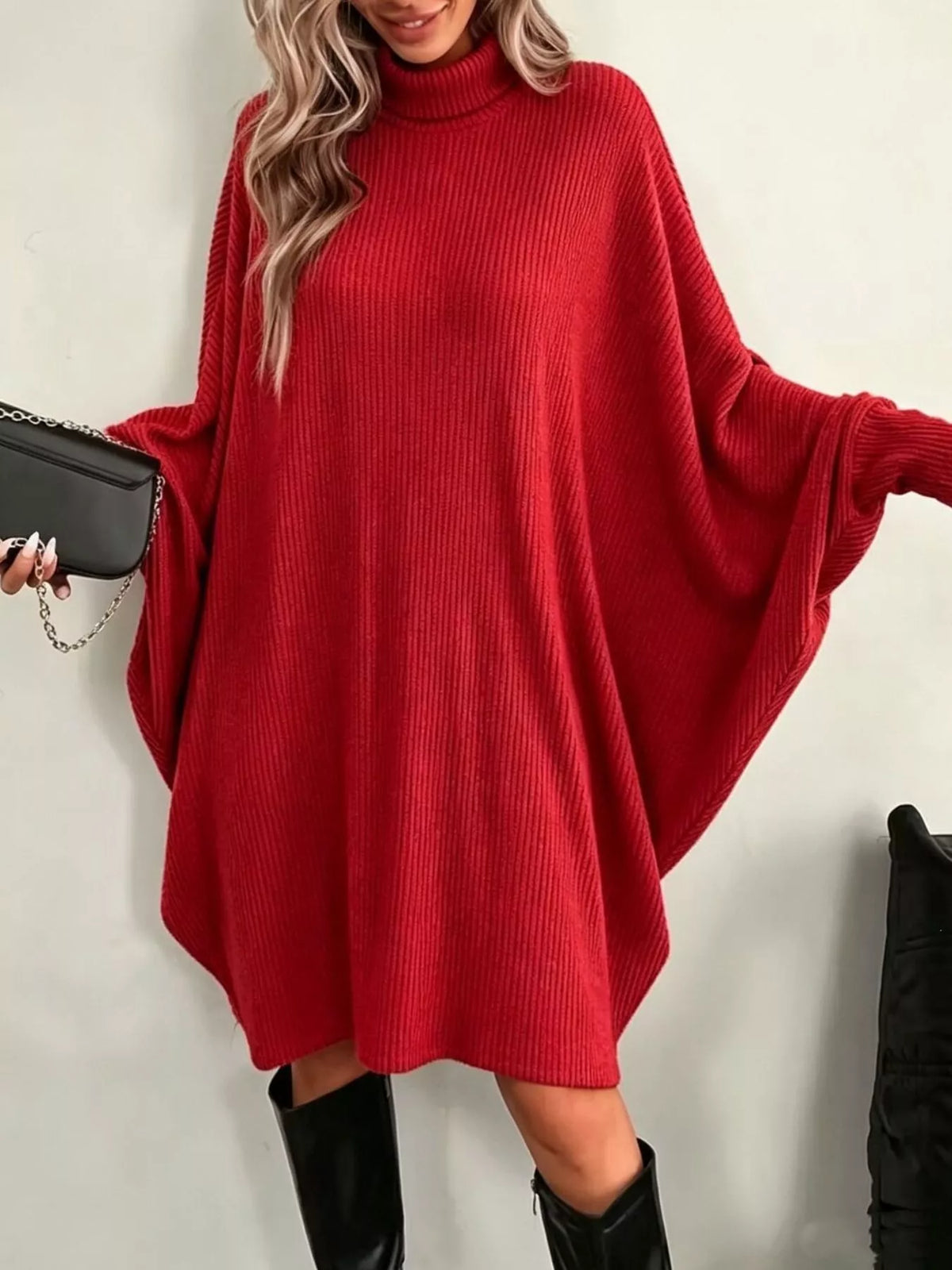 Oversized Batwing Sleeve Ribbed Turtleneck Dress Red / S