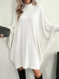 Oversized Batwing Sleeve Ribbed Turtleneck Dress White / S