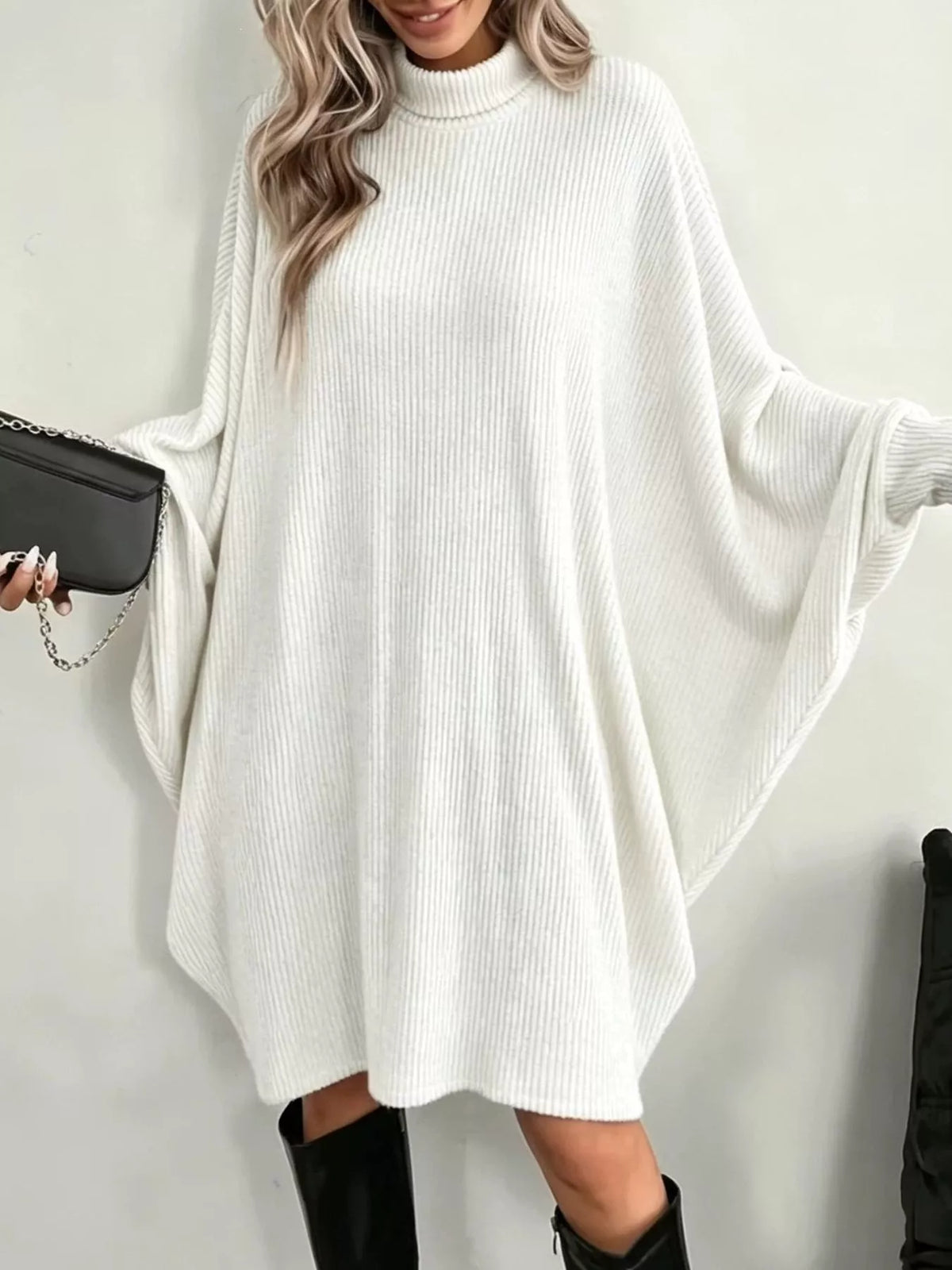 Oversized Batwing Sleeve Ribbed Turtleneck Dress White / S