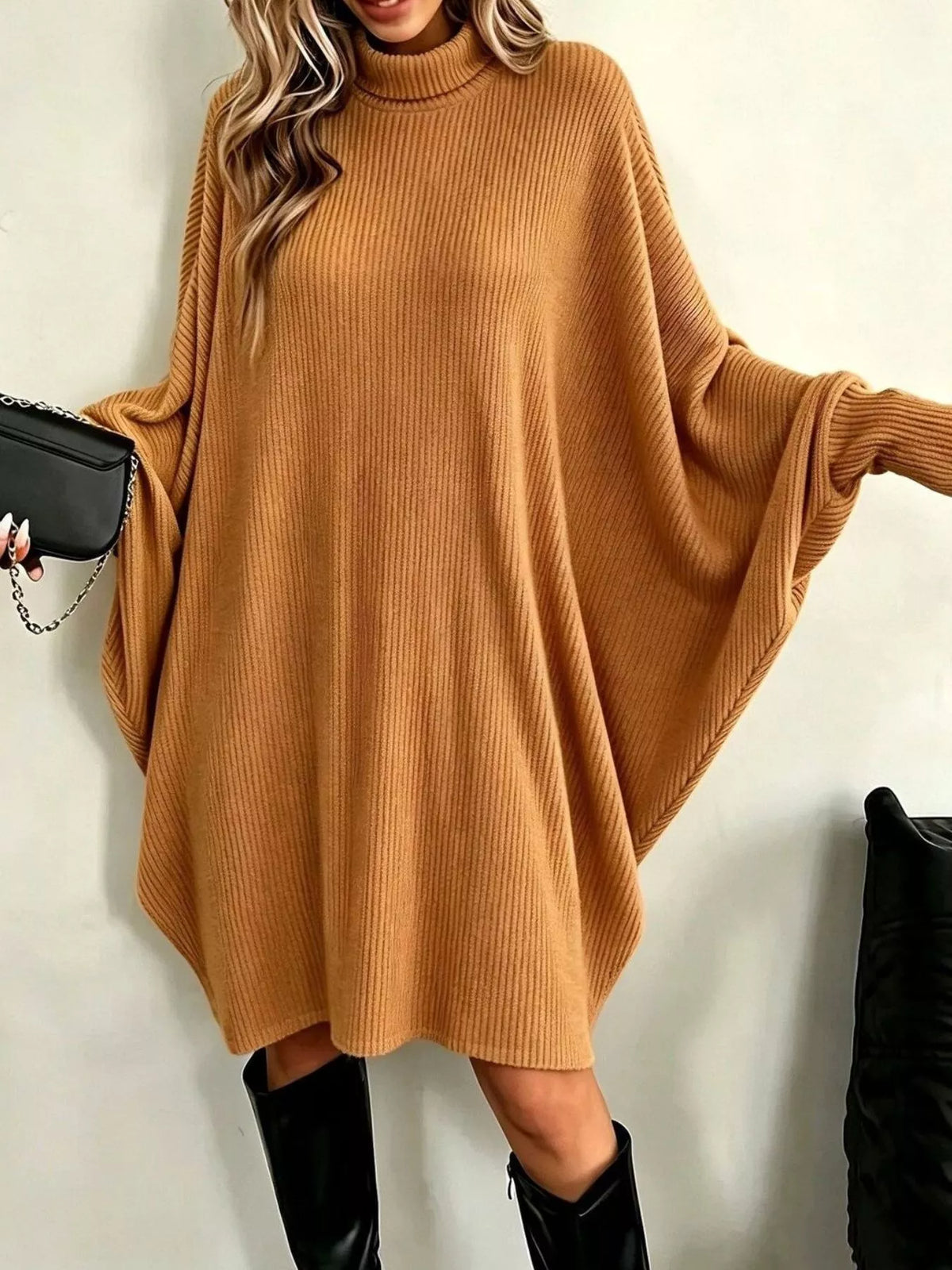 Oversized Batwing Sleeve Ribbed Turtleneck Dress Yellow / S