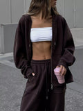 Oversized Zip-Up Hoodie and Wide-Leg Pants Set Brown / S